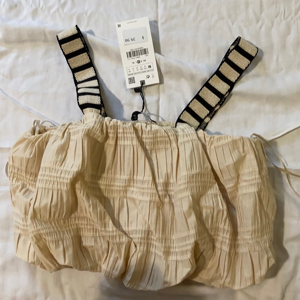 Zara Beige Ruched Crop Top with Black Striped Straps